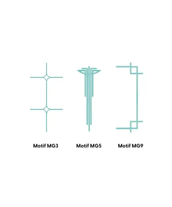 L'image présente trois motifs géométriques bleu clair nommés MG3, MG5 et MG9.