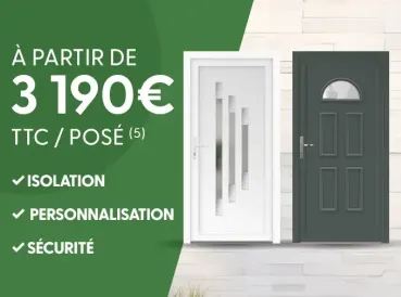 Deux portes modernes en blanc et noir sont présentées avec un prix de départ de 3 190€, mettant en avant l'isolation, la personnal