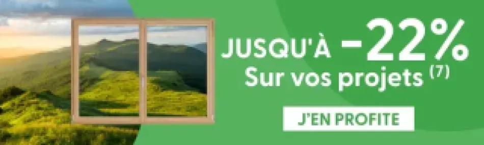 Bannière promotionnelle verte avec une fenêtre vue sur paysage naturel et texte 'JUSQU'À -22% Sur vos projets' accompagné d