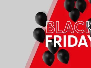 Image promotionnelle de Black Friday avec des ballons noirs sur fond rouge et gris.