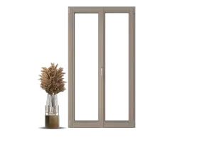 Fenêtre en bois moderne à double battant avec une poignée centrale, accompagnée d'un vase de fleurs séchées.