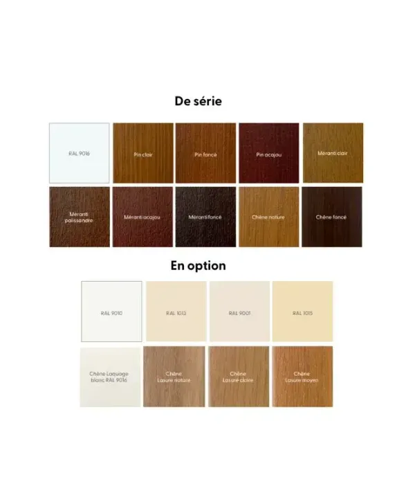 Palette de couleurs pour finitions bois avec options 'De série' et 'En option'.