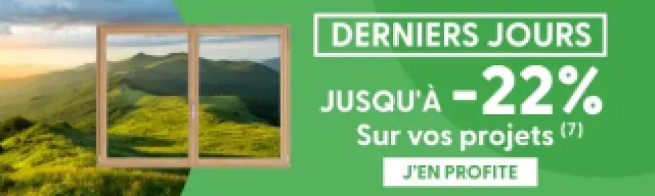 Bannière promotionnelle verte avec une fenêtre offrant une vue sur des collines verdoyantes, annonçant des réductions jusqu'à 22%