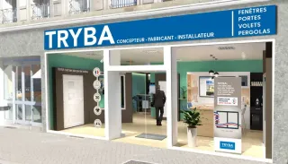 Façade d'un magasin TRYBA avec une large vitrine et des affiches publicitaires, spécialisé dans la vente de fenêtres, portes, vo