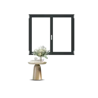 Fenêtre à double battant moderne en aluminium noir avec un vase de fleurs sur une table d'appoint dorée.