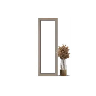 Un miroir rectangulaire moderne avec un cadre beige, accompagné d'un vase de pampas séché dans un coin.