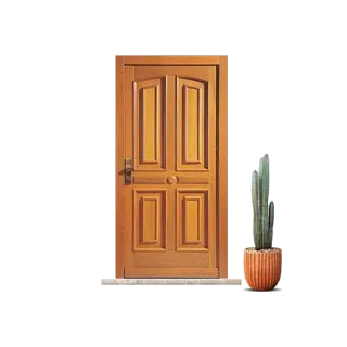 Une porte en bois sculpté avec une jardinière en terre cuite contenant un cactus vert sur le côté droit.