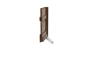 Image d'une porte en bois marron présentée avec un dispositif de contrôle d'accès fixé au bas, isolée sur un fond blanc.