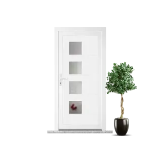 Porte d'entrée moderne blanche avec cinq fenêtres rectangulaires et une plante verte en pot à proximité.