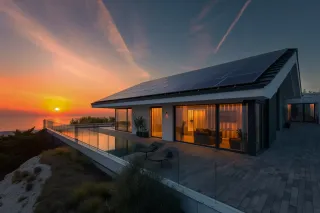 Une maison moderne avec de grandes baies vitrées et des panneaux solaires sur le toit, surplombe un paysage côtier au coucher du soleil