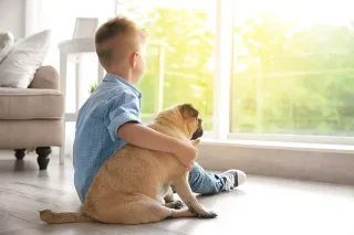 Un enfant assis par terre près d'une fenêtre lumineuse, câlinant son chien.